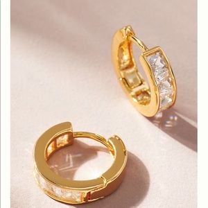 Anthropologie Pave Huggie Gold earrings rectangular stones  NWT